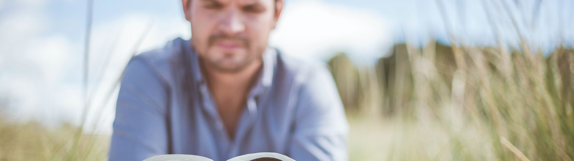 man reading Bible in field